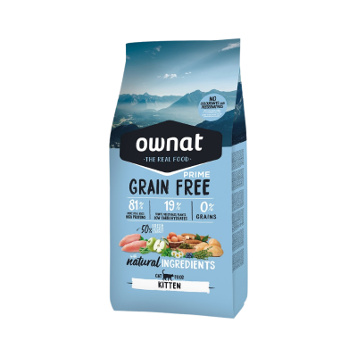 Pacote azul de comida para gatos Ownat Prime Grain Free para gatinhos
