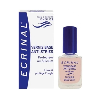 Verniz base anti-riscos ECRINAL com embalagem branca e azul e frasco cor de rosa claro