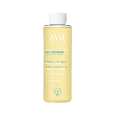 Frasco transparente de removedor de maquilhagem SVR PhysioPure de 150 mL com liquido amarelo e tampa branca