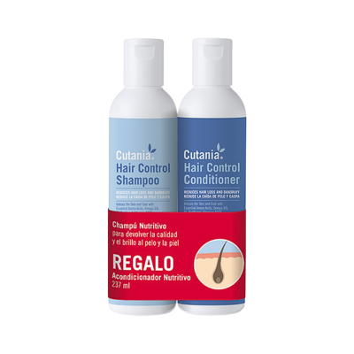 Duas embalagens de shampoo e condicionador Cutania Hair Control com faixa vermelha de regalo