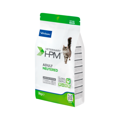 Saco de ração para gatos da marca Virbac Veterinary HPM, 3kg, com imagem de gato e texto em branco e verde.