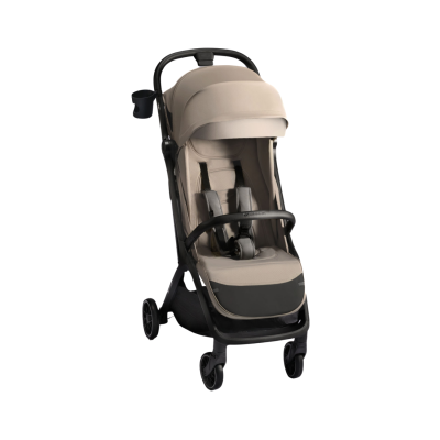 Carrinho de bebé bege com estrutura preta e suporte para copo