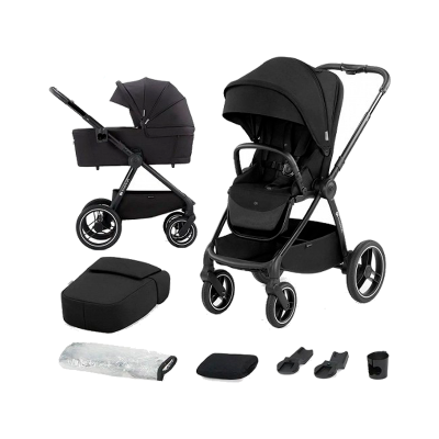 Conjunto de carrinho de bebé preto com alcofa e acessórios