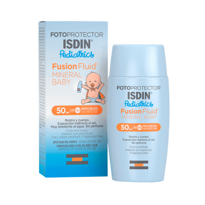 Fotoprotetor ISDIN Pediatrics Fusion Fluid Mineral Baby FPS 50 com embalagem azul claro e desenho de bebé