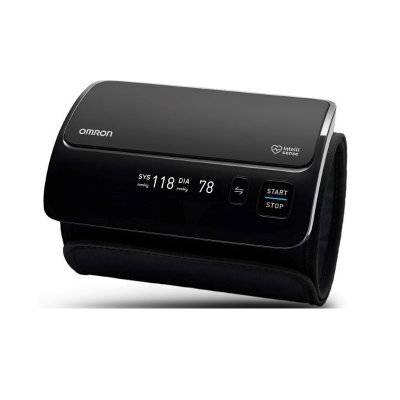 Aparelho medidor de pressão arterial Omron preto com ecrã digital e pulseira de tecido