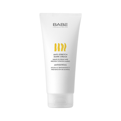 Creme anti-estrias BABE LABORATORIOS em tubo branco com texto e desenhos amarelos