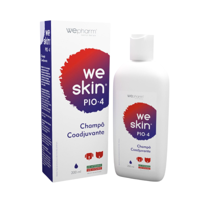 Champô Coadjuvante WeSkin PIO-4 para animais em frasco branco 200 ml e caixa
