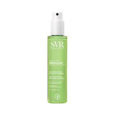 Frasco verde de spray corporal SVR Sebiaclear com texto branco