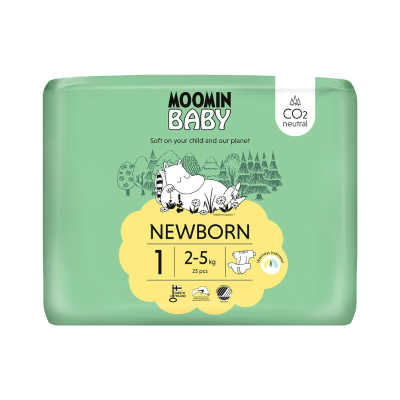 Pacote verde claro com fraldas Moomin Baby Newborn e desenho do personagem Moomin