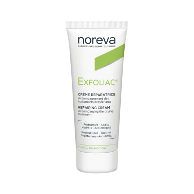 Creme reparador Noreva Exfoliac em tubo branco com detalhes verdes