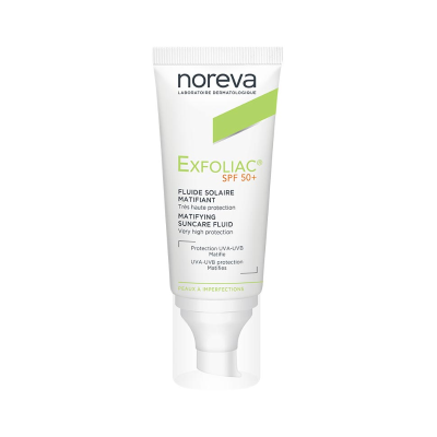 Frasco branco de fluido solar matificante Noreva Exfoliac SPF 50+