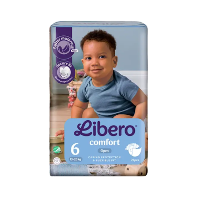 Pacote de fraldas Libero comfort tamanho 6 com bebé sorridente