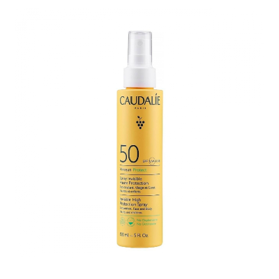 Spray protetor solar Caudalie Vinosun Protect SPF 50 amarelo com tampa branca