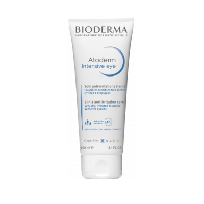 tubo branco de creme para olhos Bioderma Atoderm Intensive Eye com texto em preto e azul