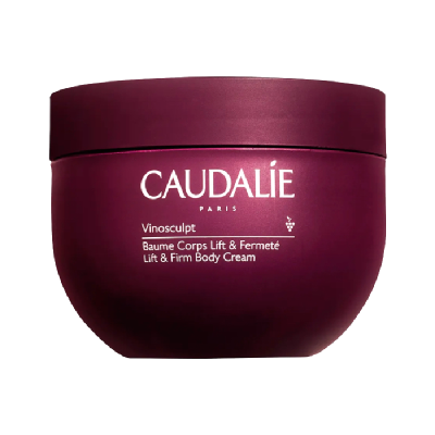 Creme corporal Caudalie Vinosculpt em pote vinho com texto branco