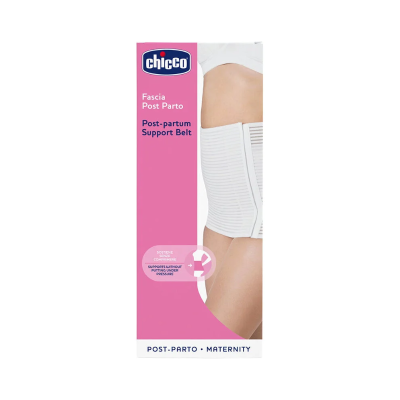 Embalagem de cinta de suporte pós-parto Chicco com imagem da cinta branca a ser usada