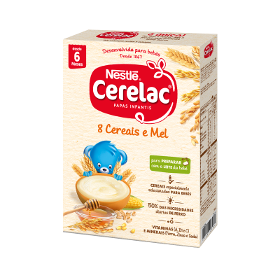 Embalagem de Nestlé Cerelac 8 Cereais e Mel para bebés, com urso azul e tigela de papa