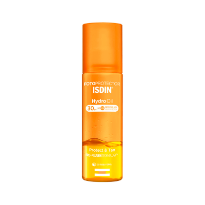 Frasco de óleo protetor solar ISDIN Hydro Oil SPF 30 laranja