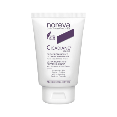 Frasco branco de creme para mãos Noreva Cicadiane com texto roxo