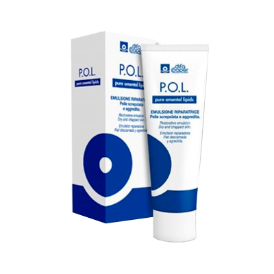 Creme P.O.L. pure ormental lipids em embalagem e tubo branco e azul para pele seca