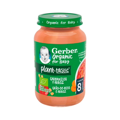 Frasco de comida orgânica para bebés Gerber com etiqueta verde e tampa verde