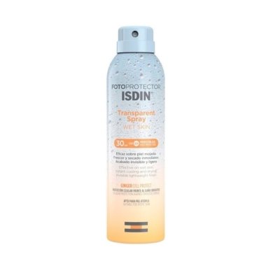 Frasco spray fotoprotetor ISDIN Transparent Spray WET SKIN fator 30 em embalagem azul e laranja