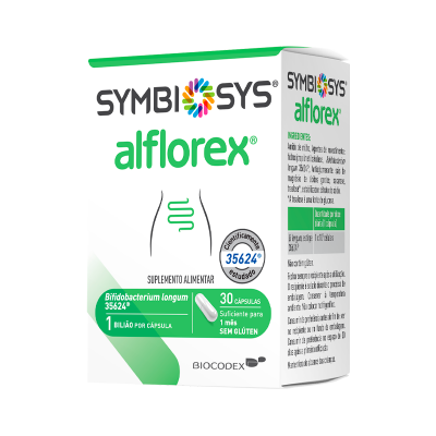 Caixa branca e verde de suplemento alimentar SYMBIOSYS aflorex