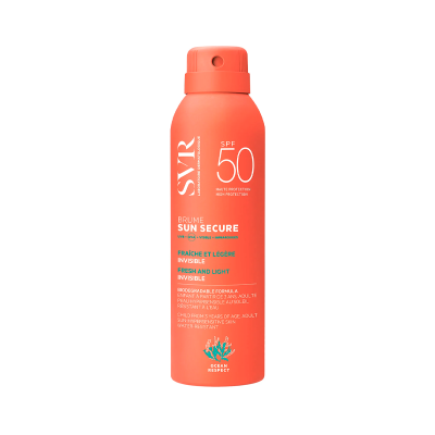 Frasco laranja de protetor solar SVR Sun Secure SPF 50 com texto informativo