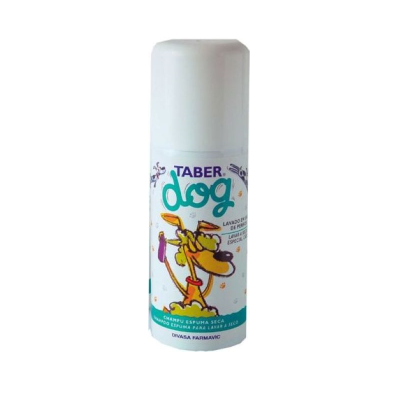 Frasco de champô espuma seca para cães TABER dog com ilustração de cão no rótulo