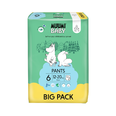 Embalagem de fraldas MUUMI BABY PANTS tamanho 6, 12-20 kg, 52 peças, com ilustrações e selo CO2 neutral