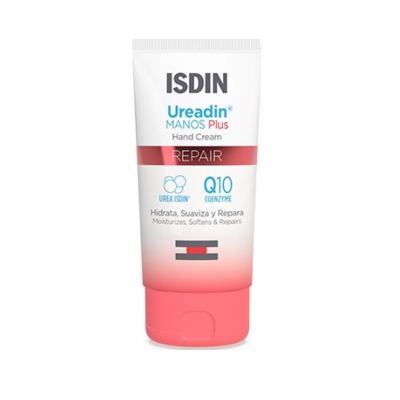 Tubo de creme para as mãos ISDIN Ureadin MANOS Plus cor branco e rosa com texto colorido
