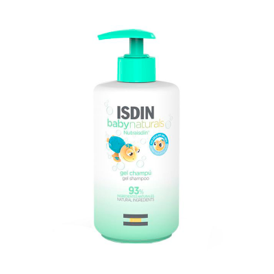 Frasco de gel champô ISDIN baby naturals com doseador verde e ilustração de bebê