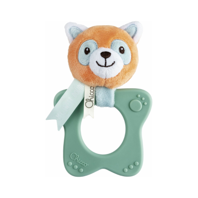 Mordedor de silicone verde com cabeça de pelúcia de animal e etiqueta Chicco