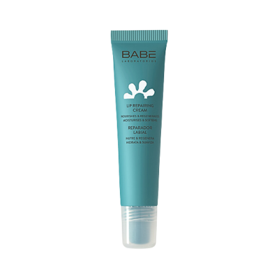 Tubo azul turquesa de creme reparador labial BABE Laboratorios