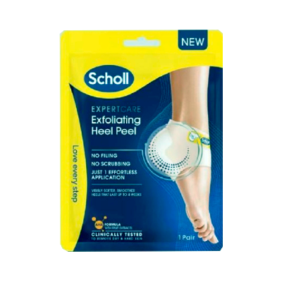 Embalagem de Scholl Exfoliating Heel Peel para esfoliação de calcanhares, azul e amarelo.
