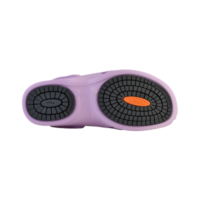 Sola de calçado lilás com borracha preta e detalhes laranja