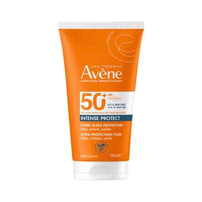 Frasco de protetor solar Avène SPF 50+ laranja e branco