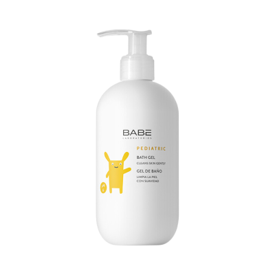 Frasco branco com doseador de gel de banho pediátrico com ilustração amarela