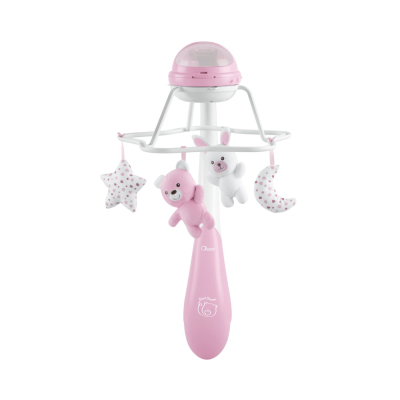 Móbile de bebé cor-de-rosa e branco com quatro peluches pendurados