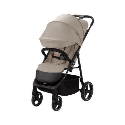 Carrinho de bebé bege com rodas pretas e estrutura preta