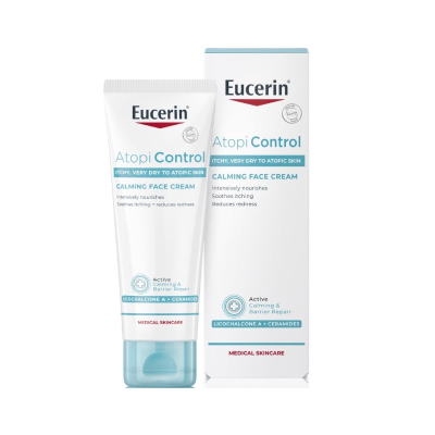 Creme facial calmante Eucerin AtopiControl em embalagem branca com tampa azul