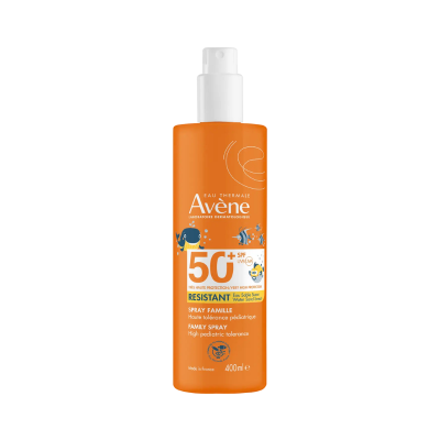 Frasco de spray protetor solar Avène SPF 50+ laranja com tampa branca