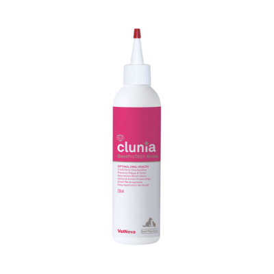 frasco plástico branco e rosa de enxaguante oral Clunia DentProTECh Rinse
