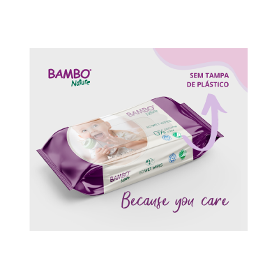 Pacote de toalhitas húmidas BAMBO Nature roxo e branco com texto e imagem de bebé