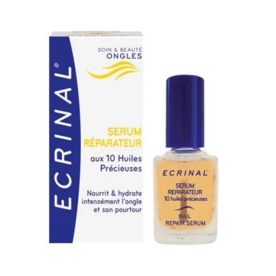Sérum para unhas ECRINAL com embalagem azul e branca e frasco com líquido amarelo
