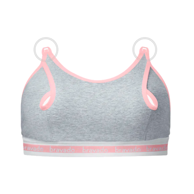 Sutiã cinzento claro com detalhes rosa e elástico com texto bravado