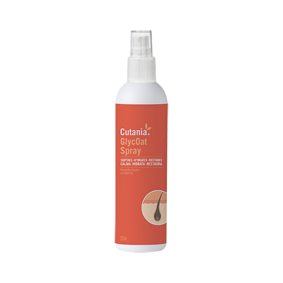 Frasco de spray Cutania GlycOat com tampa transparente e rótulo laranja e branco