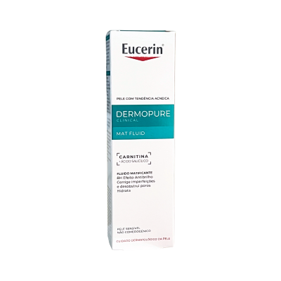 Embalagem branca e verde de fluido matificante Eucerin Dermopure Clinical Mat Fluid