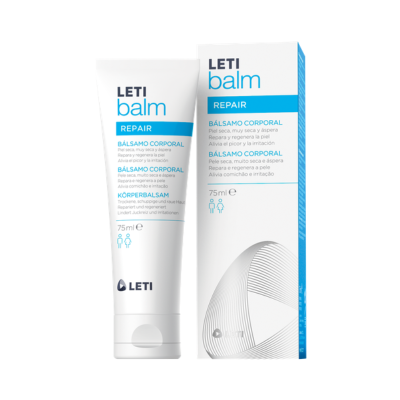 Tubo e caixa de bálsamo corporal LETI balm REPAIR 75 ml em branco, azul e cinza.