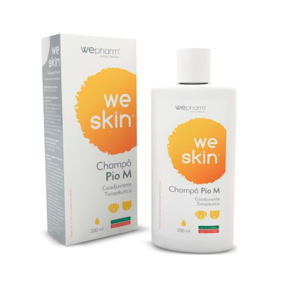 Champô We Skin Pio M coadjuvante terapêutico em embalagem branca e laranja de 200 ml